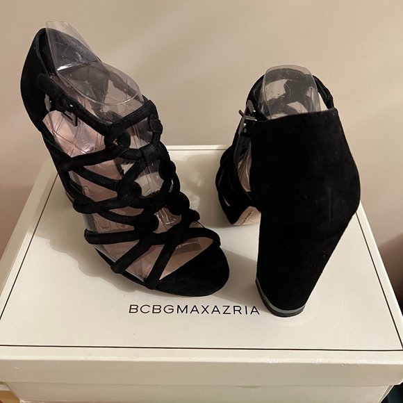 BCBG MaxAzria Jeb Black Genuine Suede Leather Cage Block Heel Sandals - Picture 4 of 5